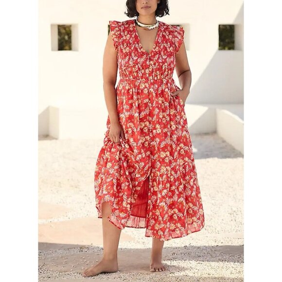 ANTHROPOLOGIE The Peregrine Midi Dress Womens 2X Red Floral Smocked V Neck NWT - Picture 1 of 15